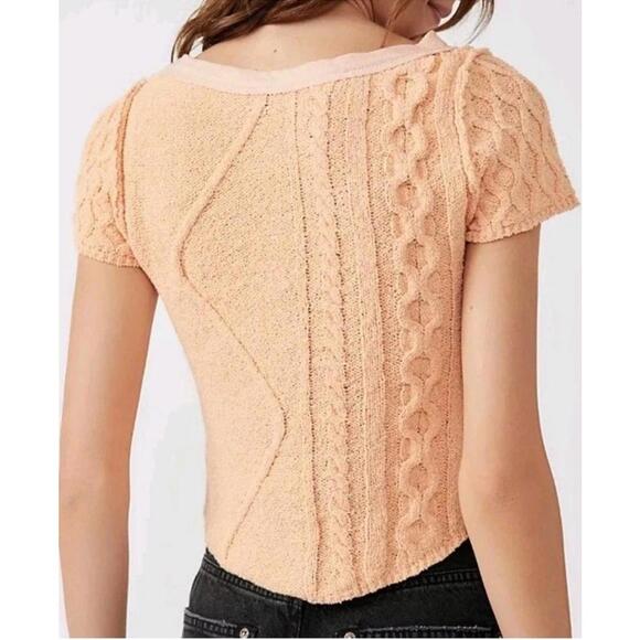 Free People Baby Cable Knit Peach Bohemian Knit Crew Neck Cotton Blend Sz Medium - Picture 2 of 6